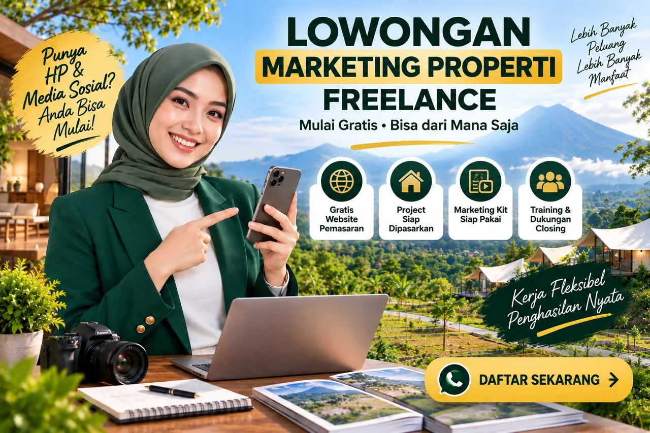 Ilustrasi peluang Marketing properti freelance yang dapat menjalankan aktivitas digital secara fleksibel.