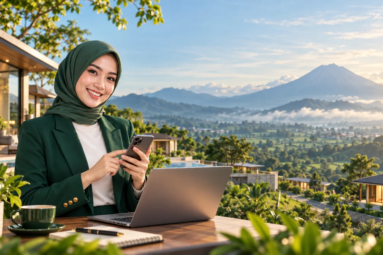 Ilustrasi Marketing properti menggunakan ponsel dan alat pemasaran digital.