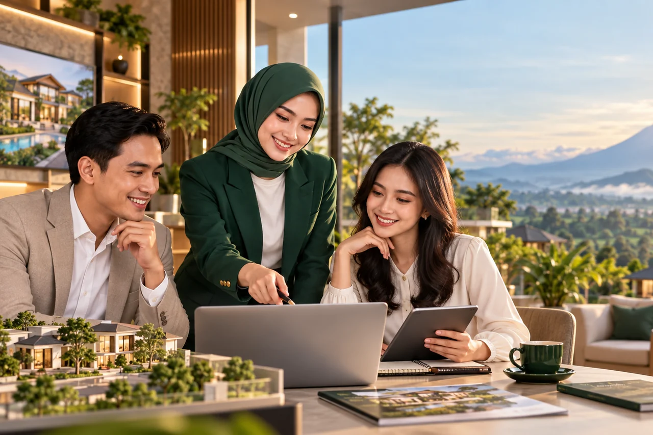 Ilustrasi tim sales property berdiskusi mengenai pemasaran Project.