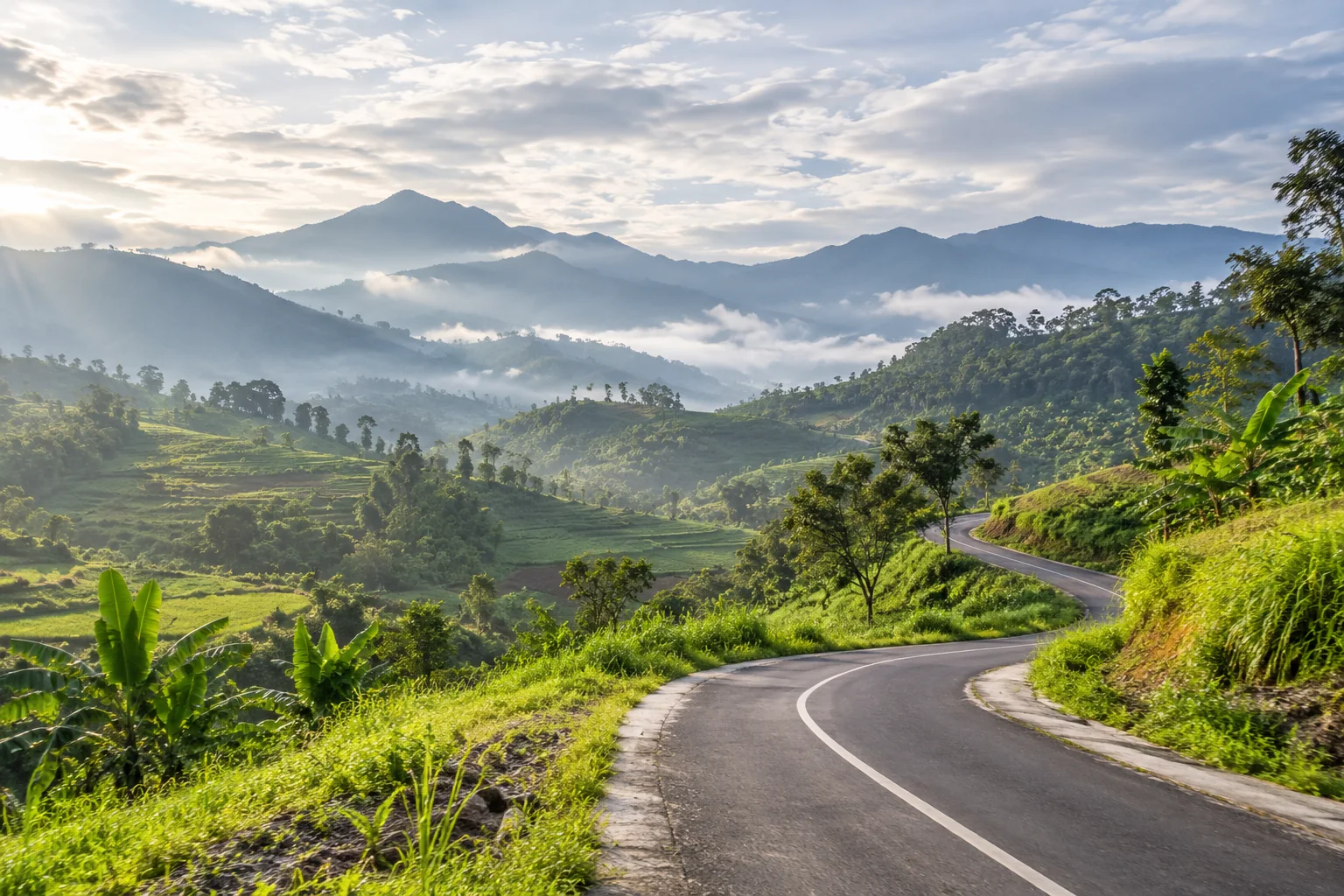 Ilustrasi jalan berkelok di kawasan perbukitan untuk konteks Puncak 2 Bogor.
