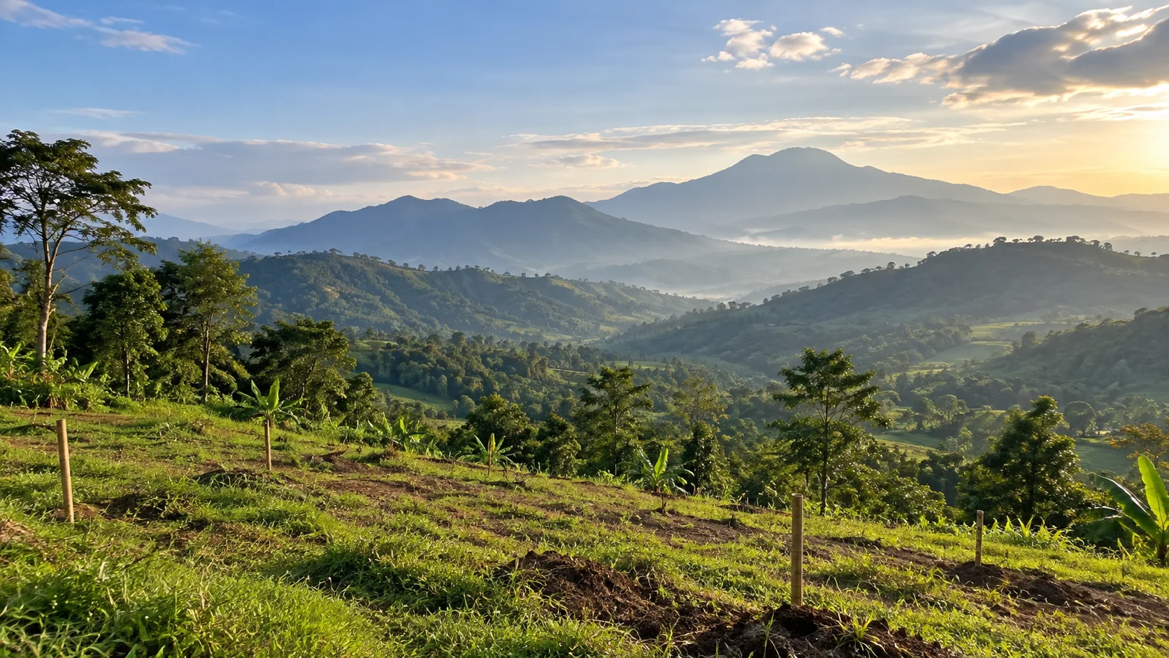 Ilustrasi kavling perbukitan dengan panorama pegunungan untuk panduan menilai view saat survey.