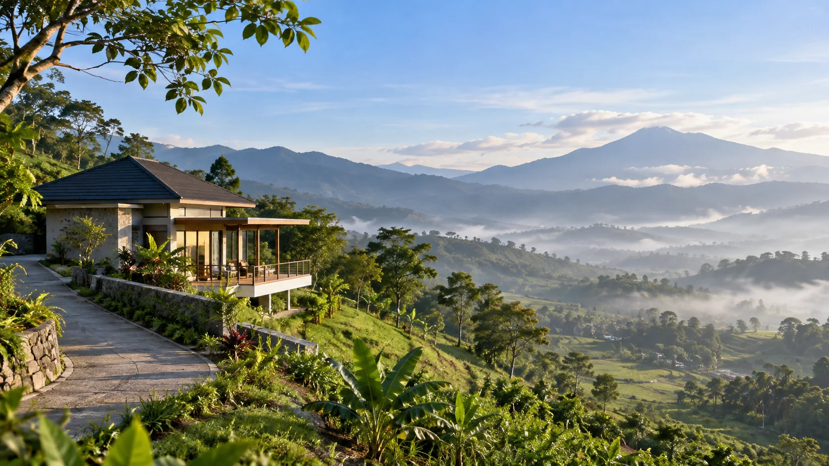 Ilustrasi rumah kedua di kawasan perbukitan dengan pemandangan pegunungan.