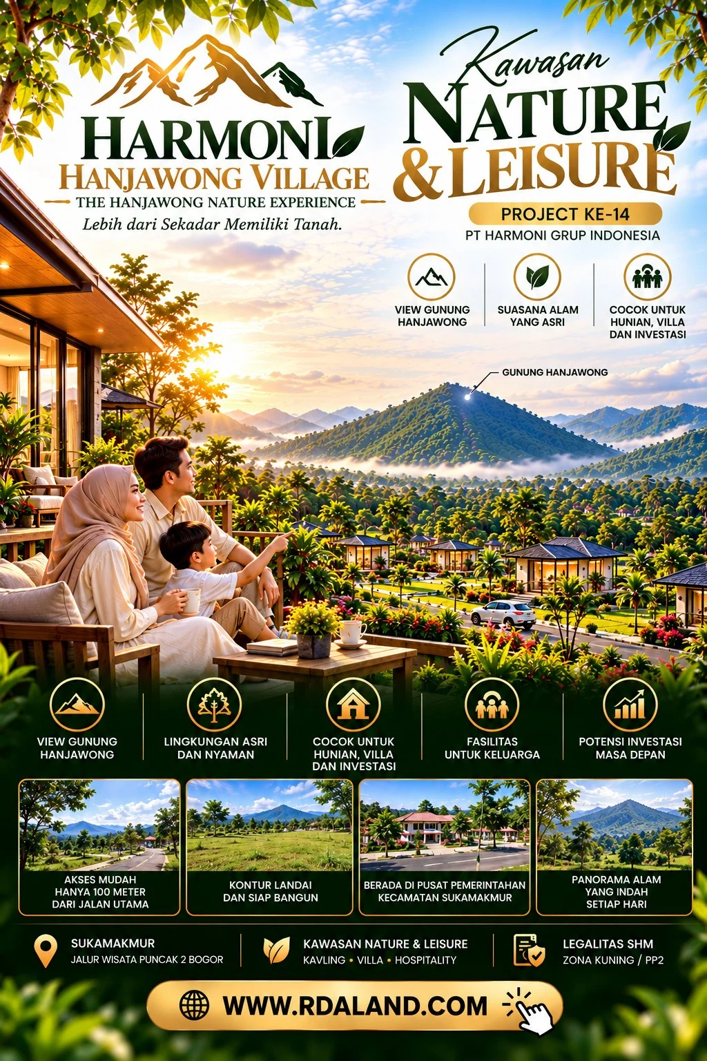 Ilustrasi fasilitas rencana Nature dan Leisure dengan keluarga, villa dan area hijau tanpa kolam renang