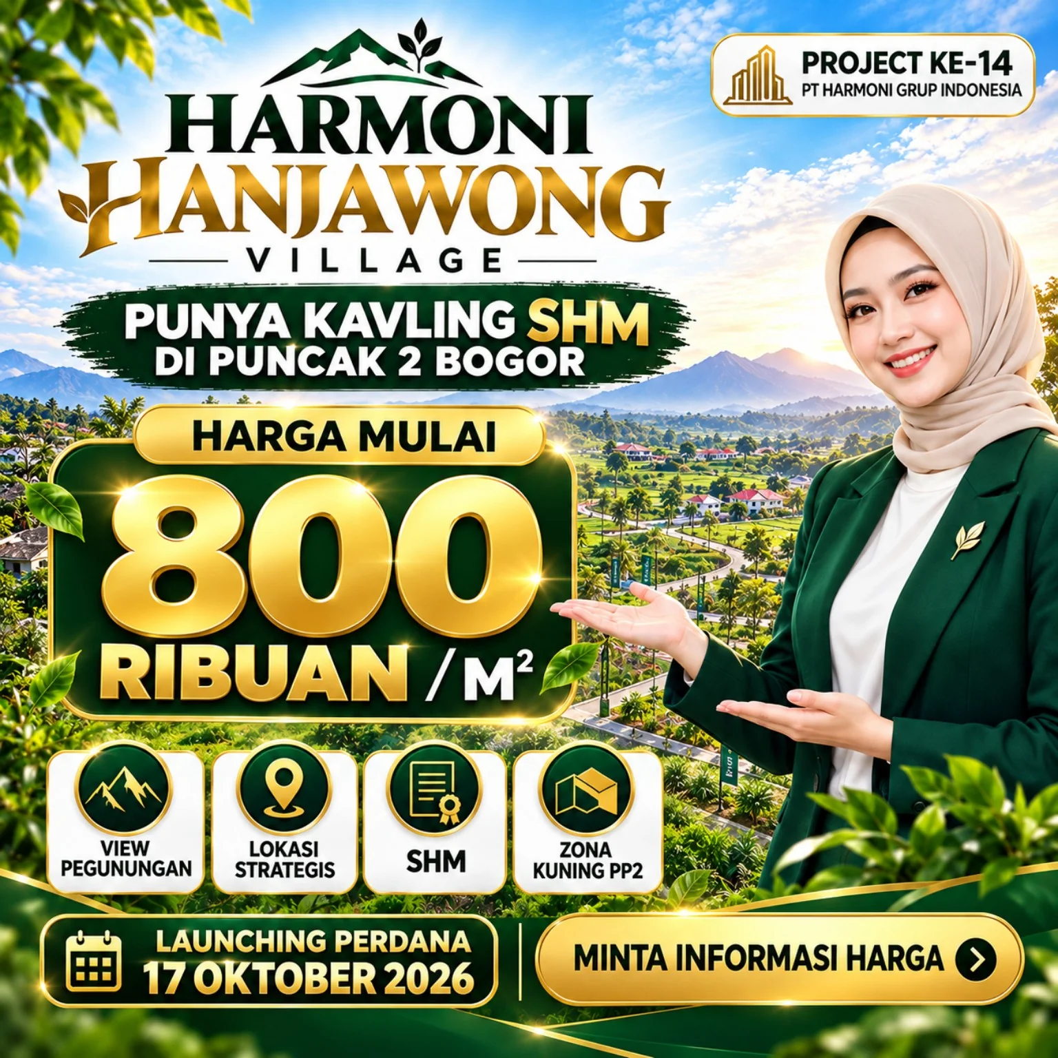 Harga kavling Harmoni Hanjawong Village di Sukamakmur Puncak 2 Bogor mulai 800 ribuan per meter persegi