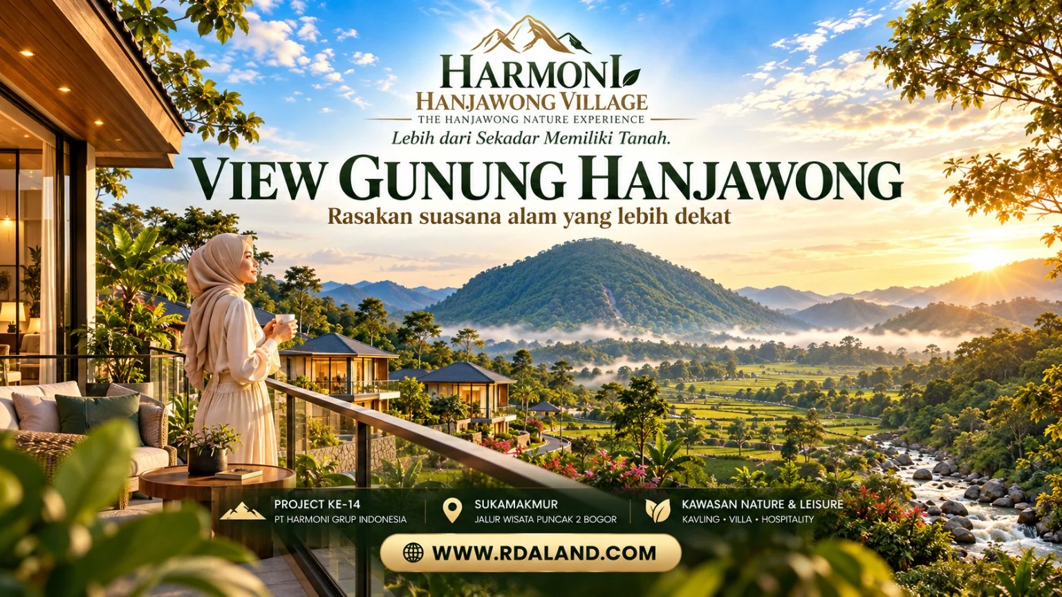 Ilustrasi panorama Gunung Hanjawong dengan villa dan wanita berhijab di balkon
