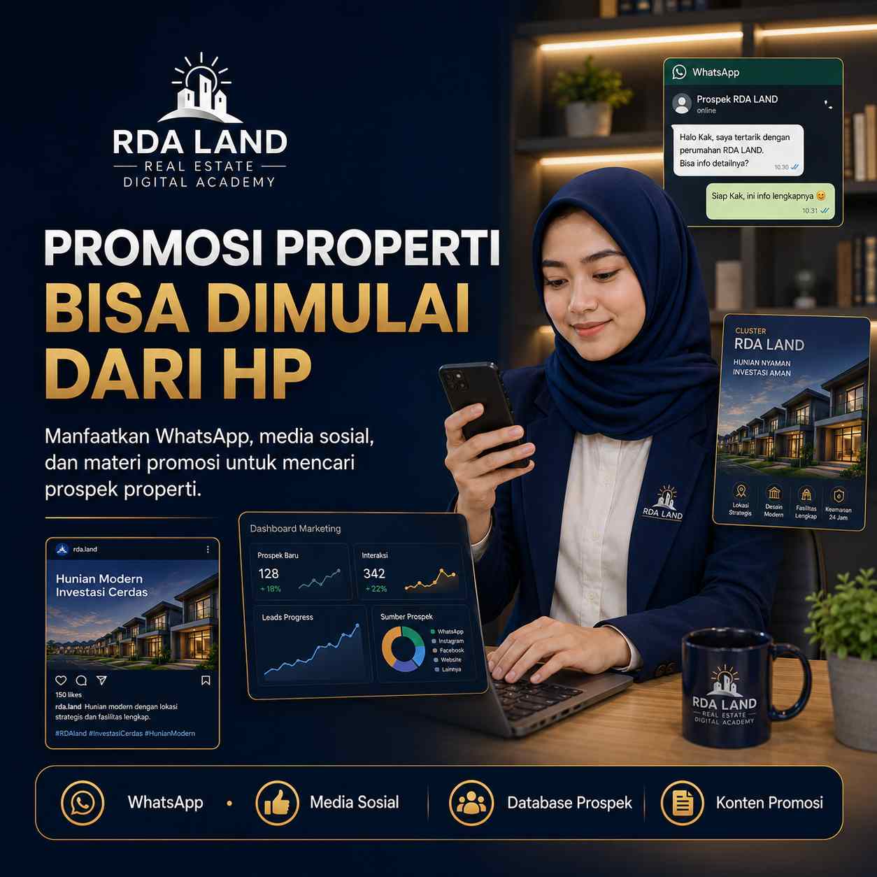 Tools digital marketing properti RDA LAND untuk promosi dari HP dan media sosial